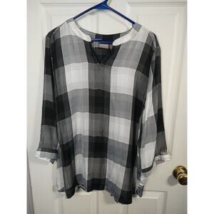 Chicos Woman 2/M Shirt Buffalo Check 3/4 Button Sleeve Relaxed V Neck